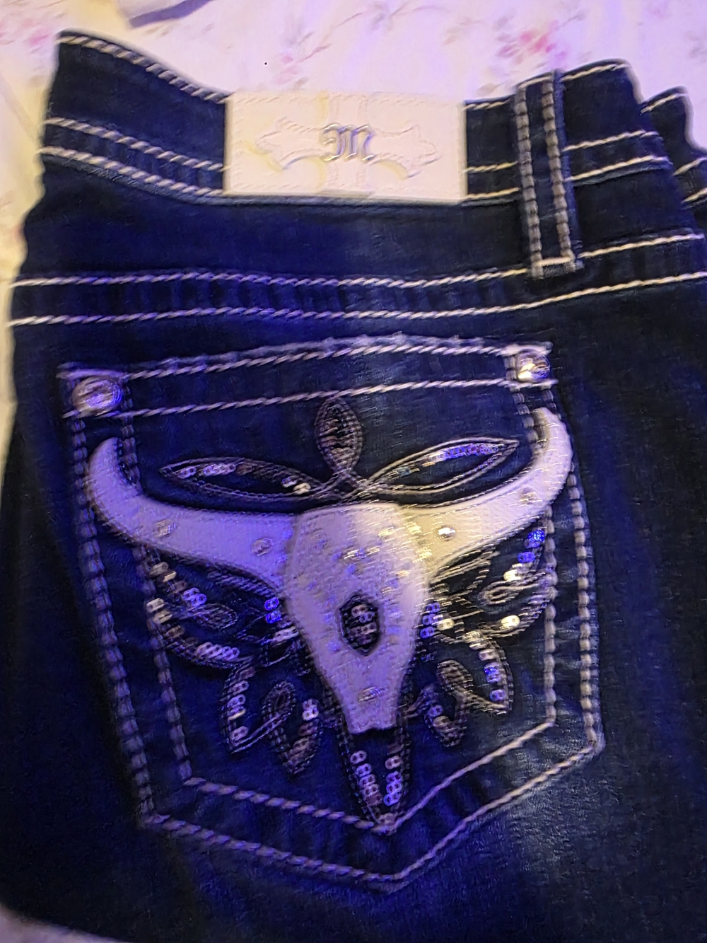 Miss Me Dark Blue Boot Cut Jeans with Contrast Stitching And Beading. Size 32